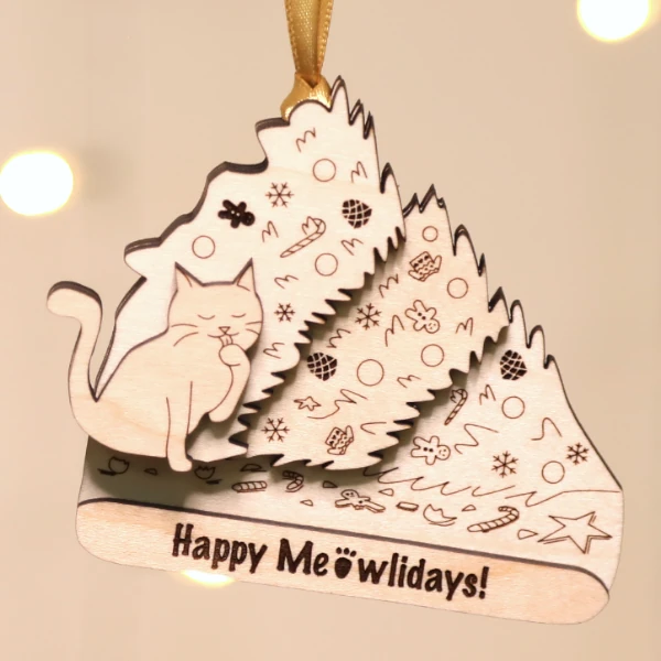 cat ornament in natural wood